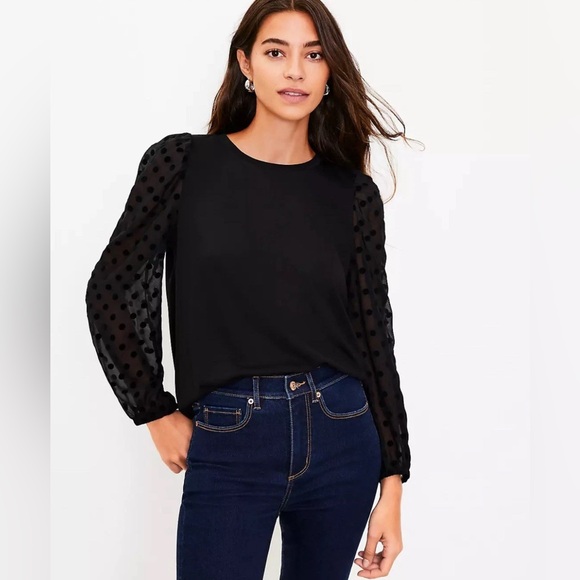 LOFT Ann Taylor NWT Velvet Dot Ruffle Sleeve Mixed Media  Blouse Black Size XS - Picture 1 of 7